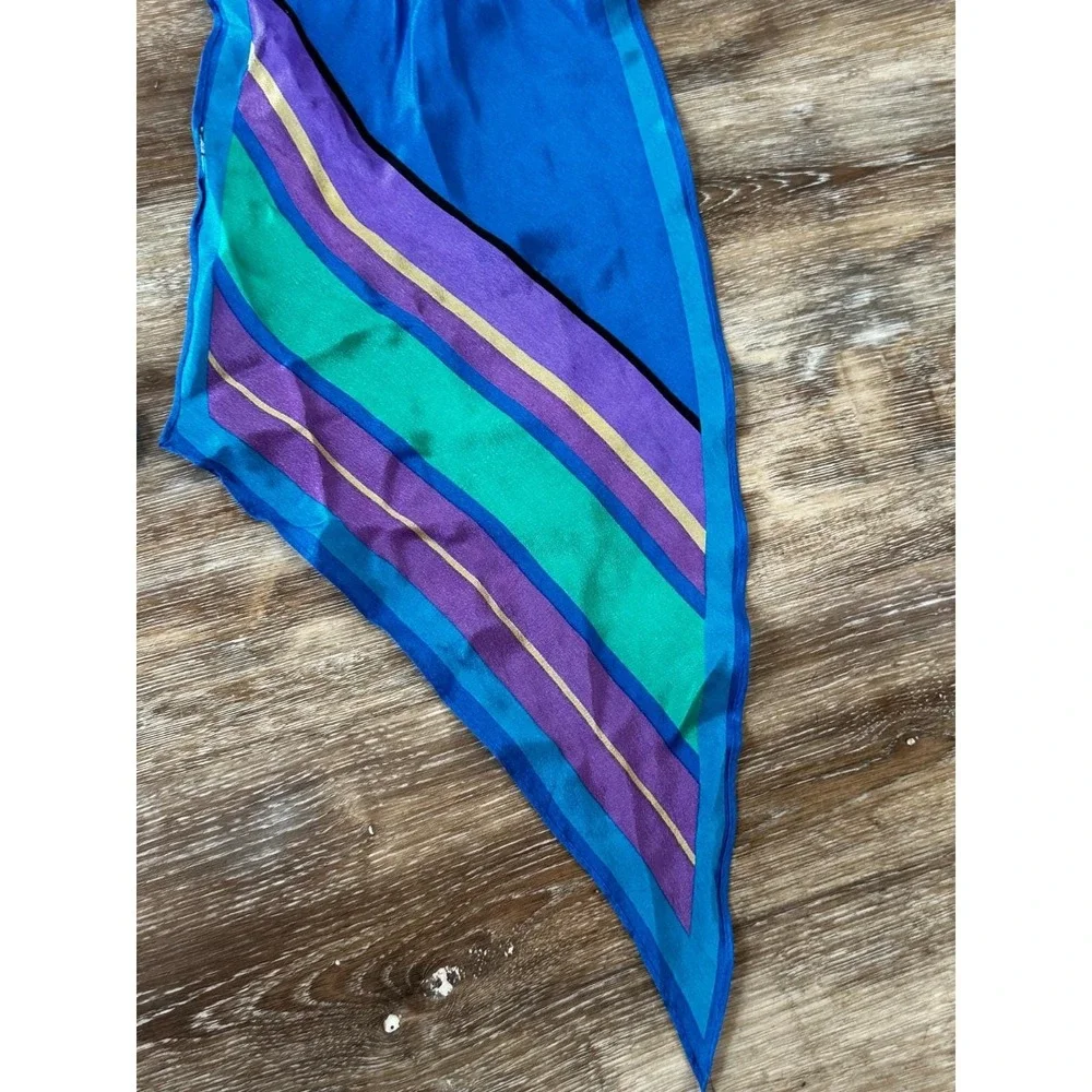 Vtg Liz Claiborne Silk Scarf Long Tapered Ends Blue Stripes 1980s